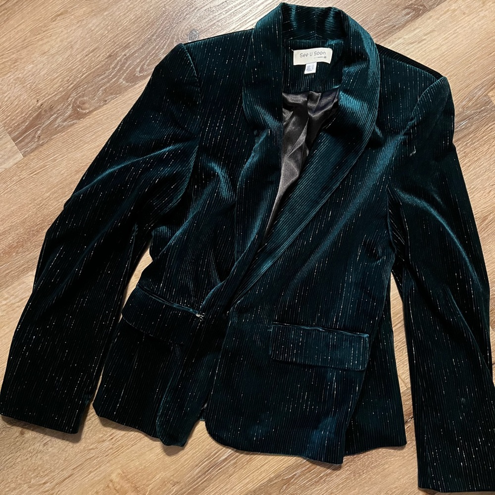 Emerald velvet pinstripe blazer